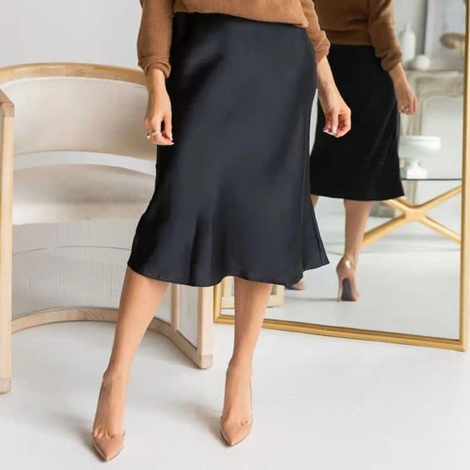 Falda satinada midi corte A para mujer