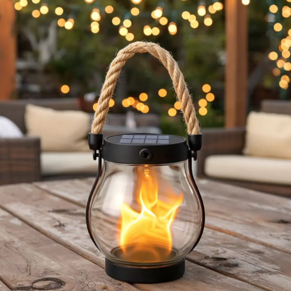 Farol solar colgante con efecto de llama – iluminación impermeable para jardín y exteriores