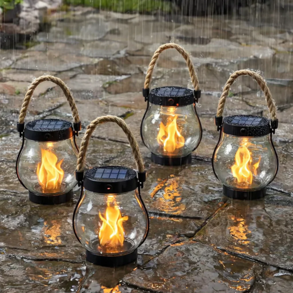 Farol solar colgante con efecto de llama – iluminación impermeable para jardín y exteriores