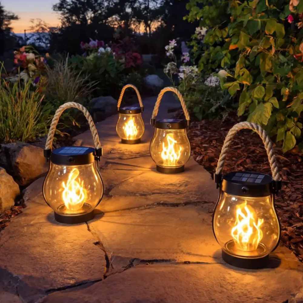 Farol solar colgante con efecto de llama – iluminación impermeable para jardín y exteriores