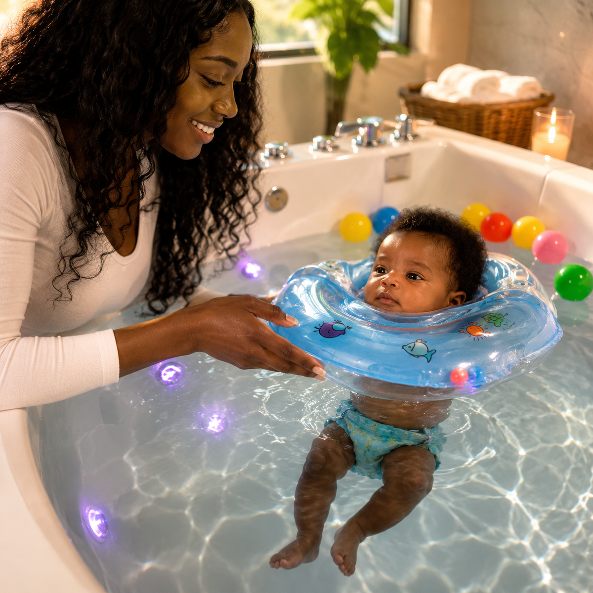 Flotador de cuello inflable para bebés con soporte ajustable para el baño