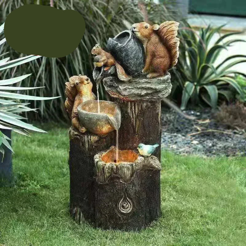 Fuente Decorativa Solar de Pato y Ardilla | Figura de Jardín con Luz LED | Resina Resistente a la Intemperie | Para Terraza y Balcón