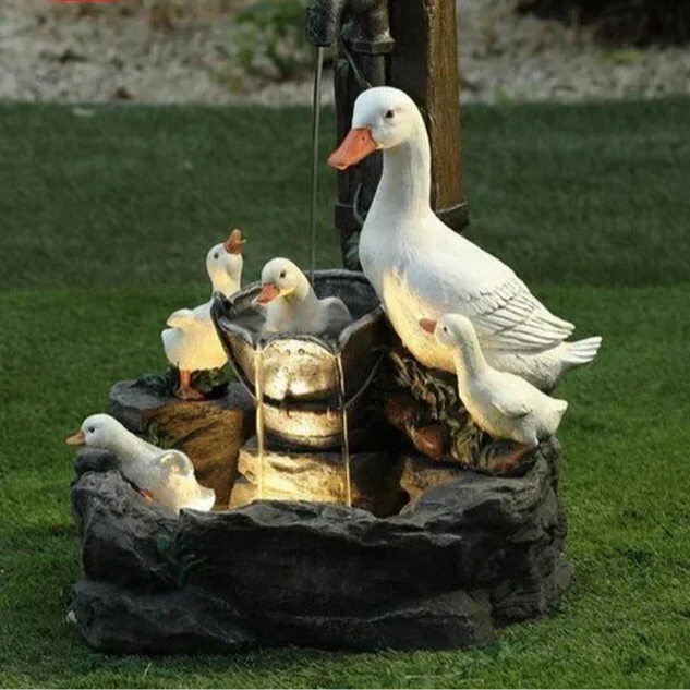 Fuente solar decorativa de pato y ardilla | Figura de jardín con iluminación LED | Resina sintética resistente a la intemperie | Para terraza y balcón