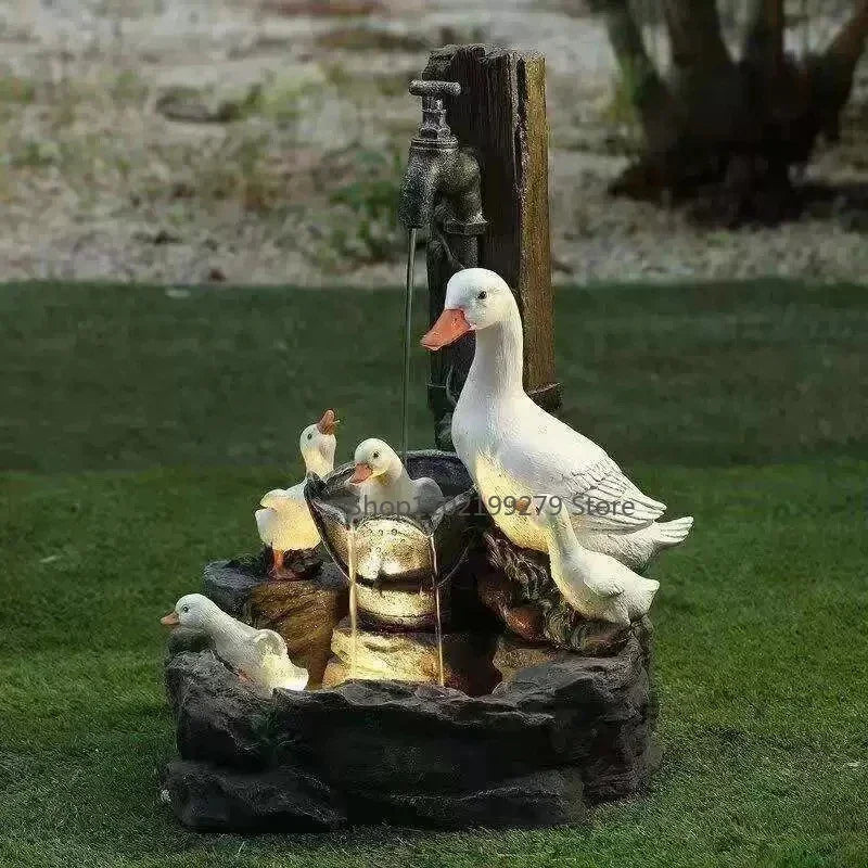Fuente solar decorativa de pato y ardilla | Figura de jardín con iluminación LED | Resina sintética resistente a la intemperie | Para terraza y balcón