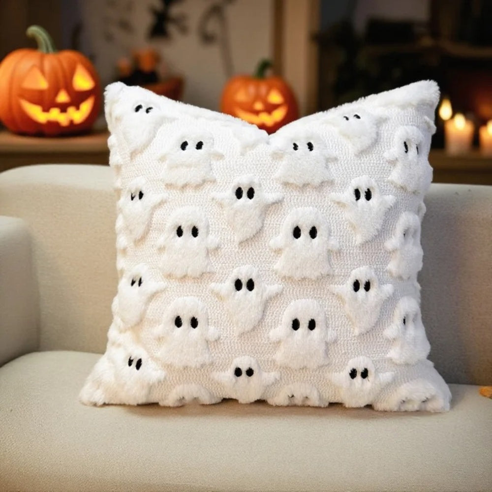 Funda de cojín de peluche de Halloween con fantasmas espeluznantes