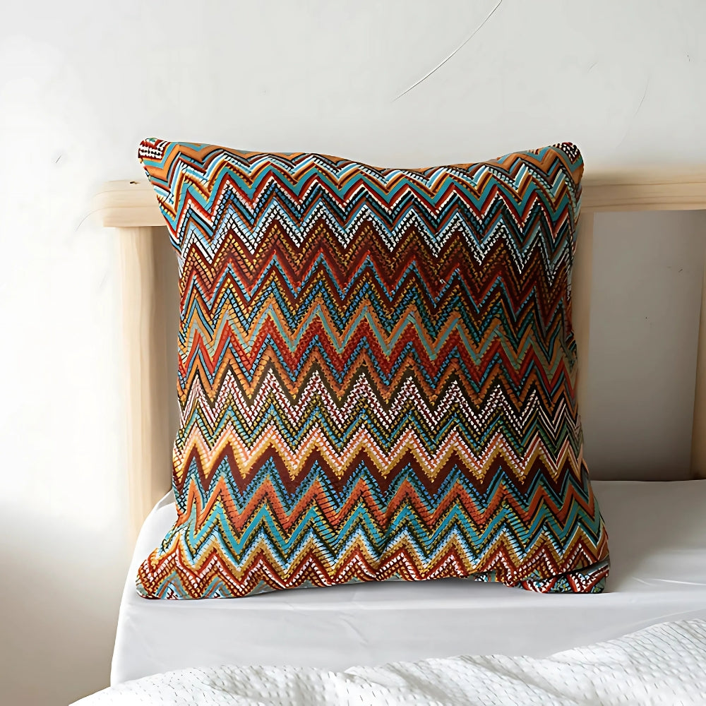 Funda de cojín de punto de estilo boho con estampado de zig zag