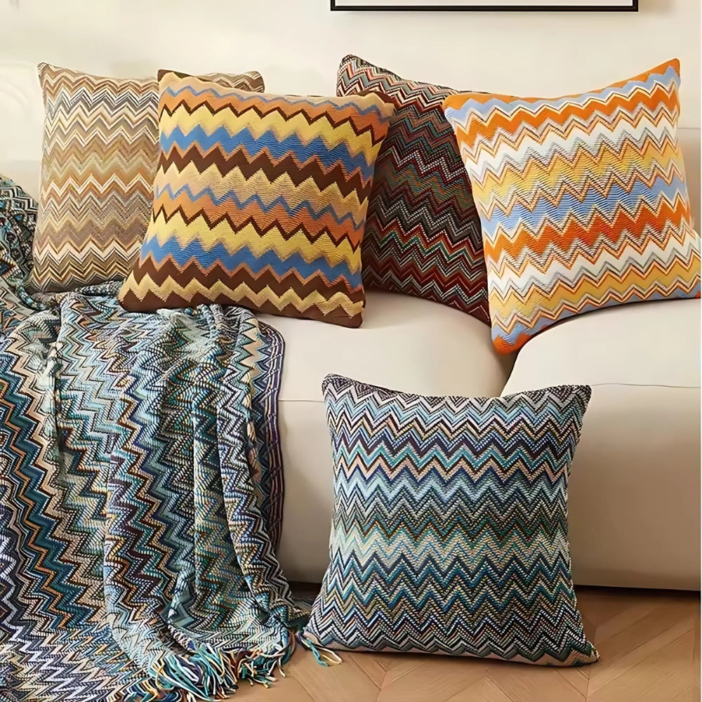 Funda de cojín de punto de estilo boho con estampado de zig zag