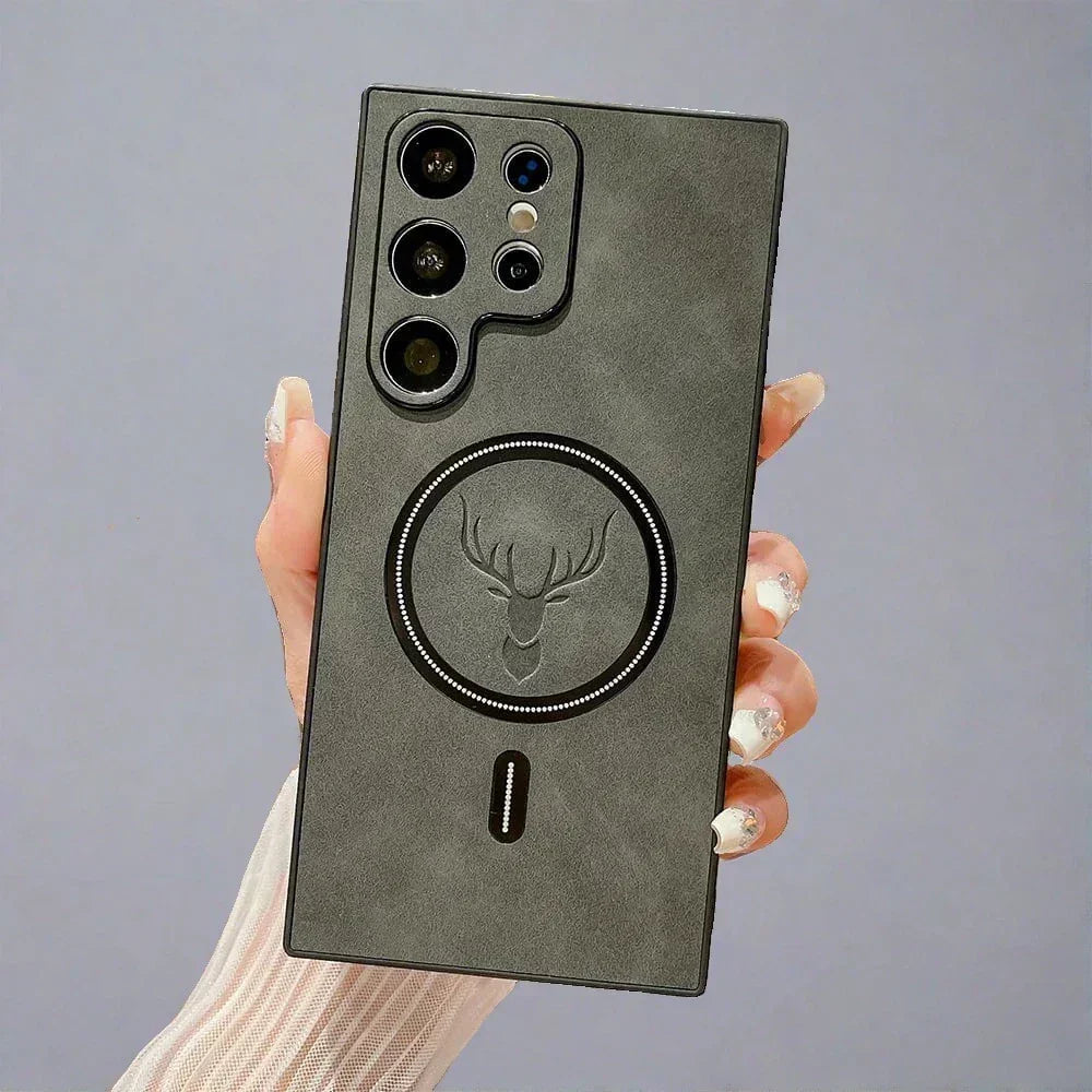Funda de cuero para teléfono con carga inalámbrica magnética