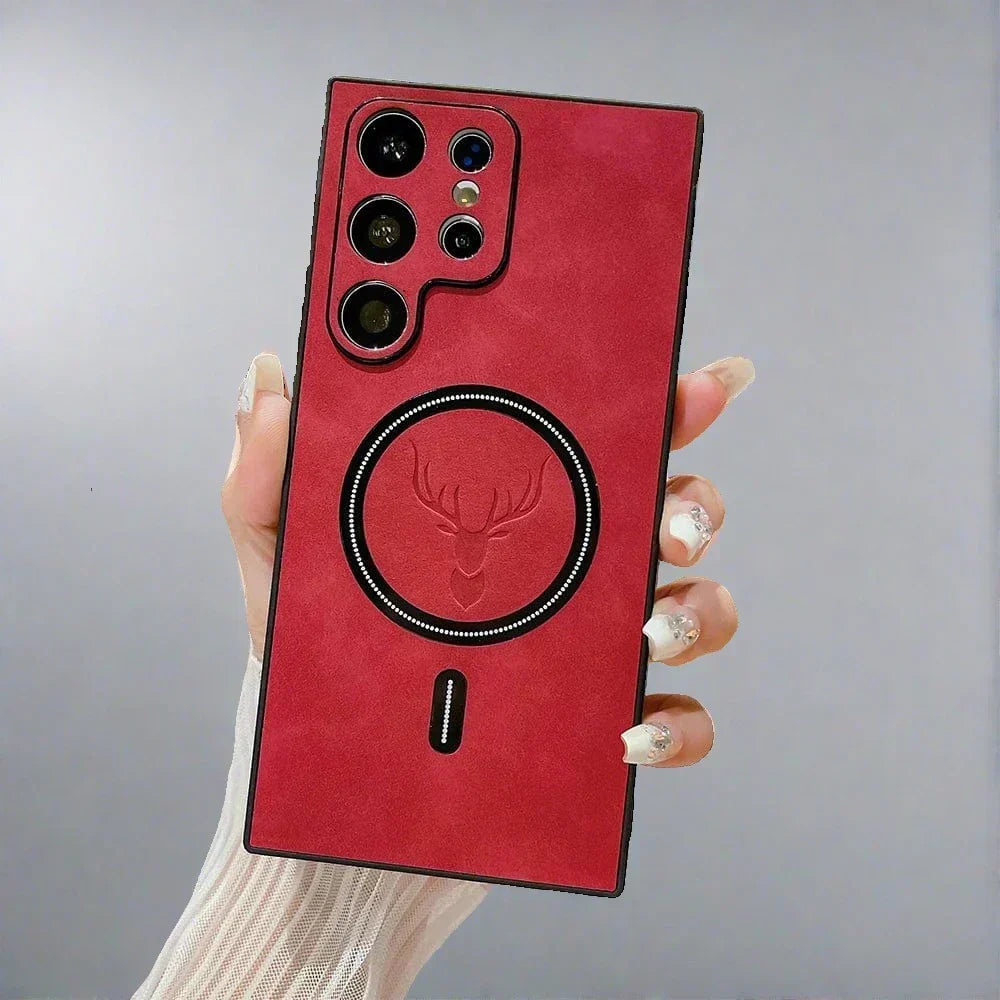 Funda de cuero para teléfono con carga inalámbrica magnética