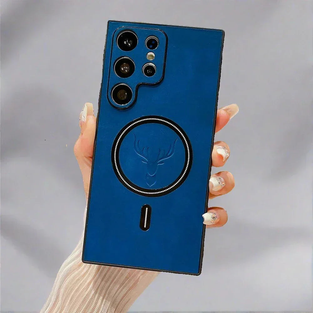 Funda de cuero para teléfono con carga inalámbrica magnética