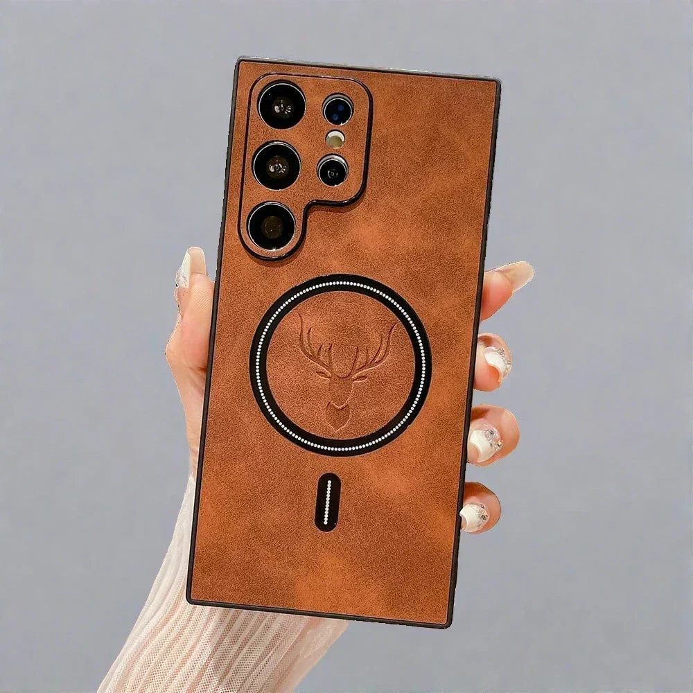 Funda de cuero para teléfono con carga inalámbrica magnética