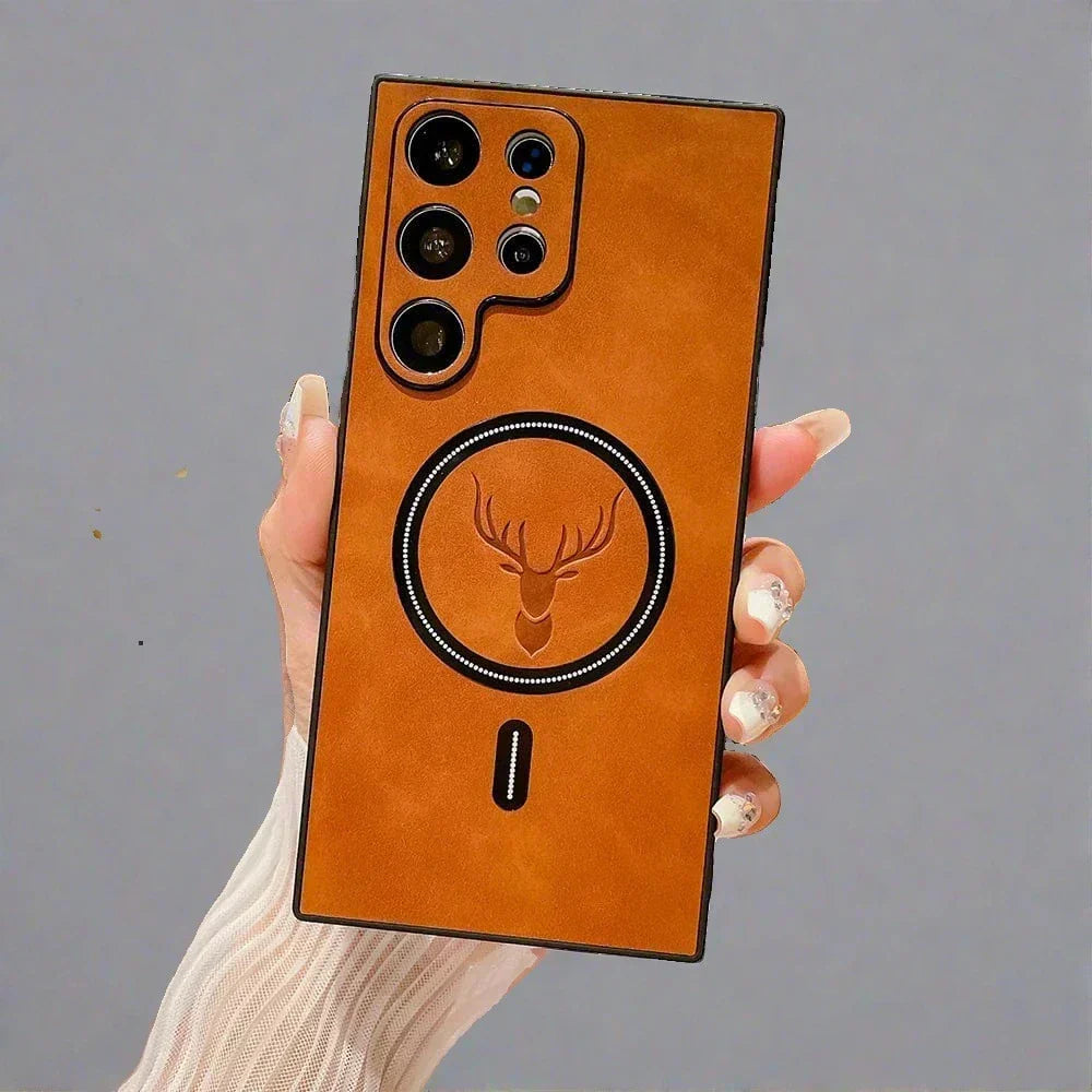 Funda de cuero para teléfono con carga inalámbrica magnética
