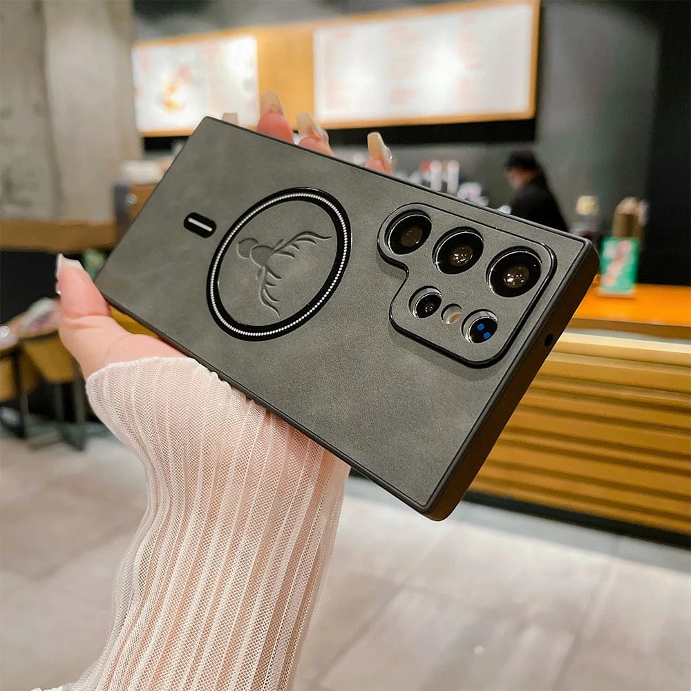 Funda de cuero para teléfono con carga inalámbrica magnética