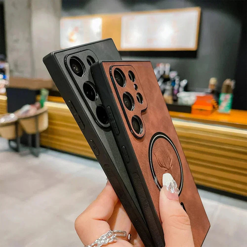 Funda de cuero para teléfono con carga inalámbrica magnética