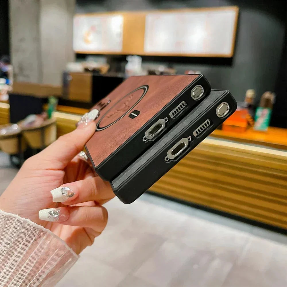 Funda de cuero para teléfono con carga inalámbrica magnética
