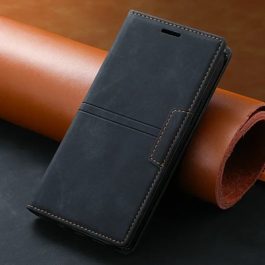 Funda de cuero tipo cartera con cierre magnético y función protectora