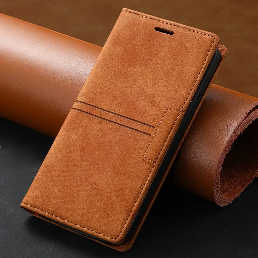 Funda de cuero tipo cartera con cierre magnético y función protectora