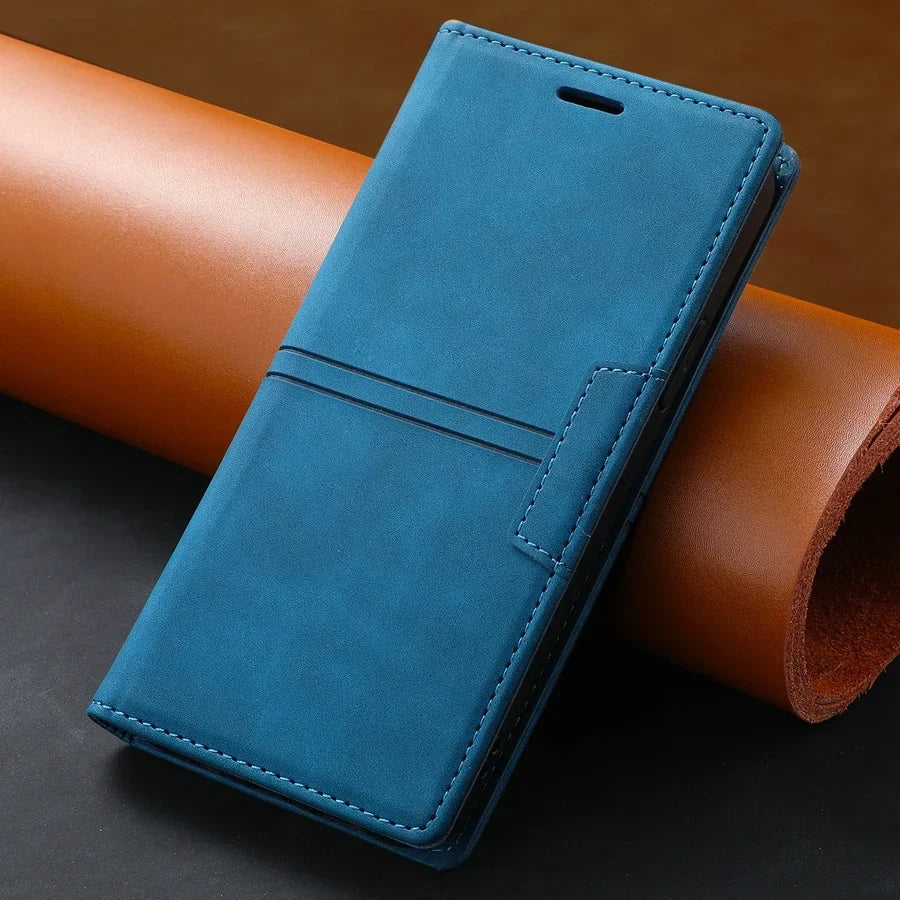 Funda de cuero tipo cartera con cierre magnético y función protectora