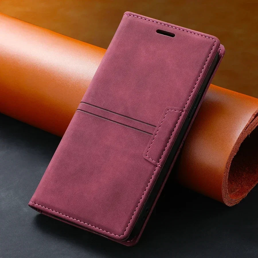 Funda de cuero tipo cartera con cierre magnético y función protectora