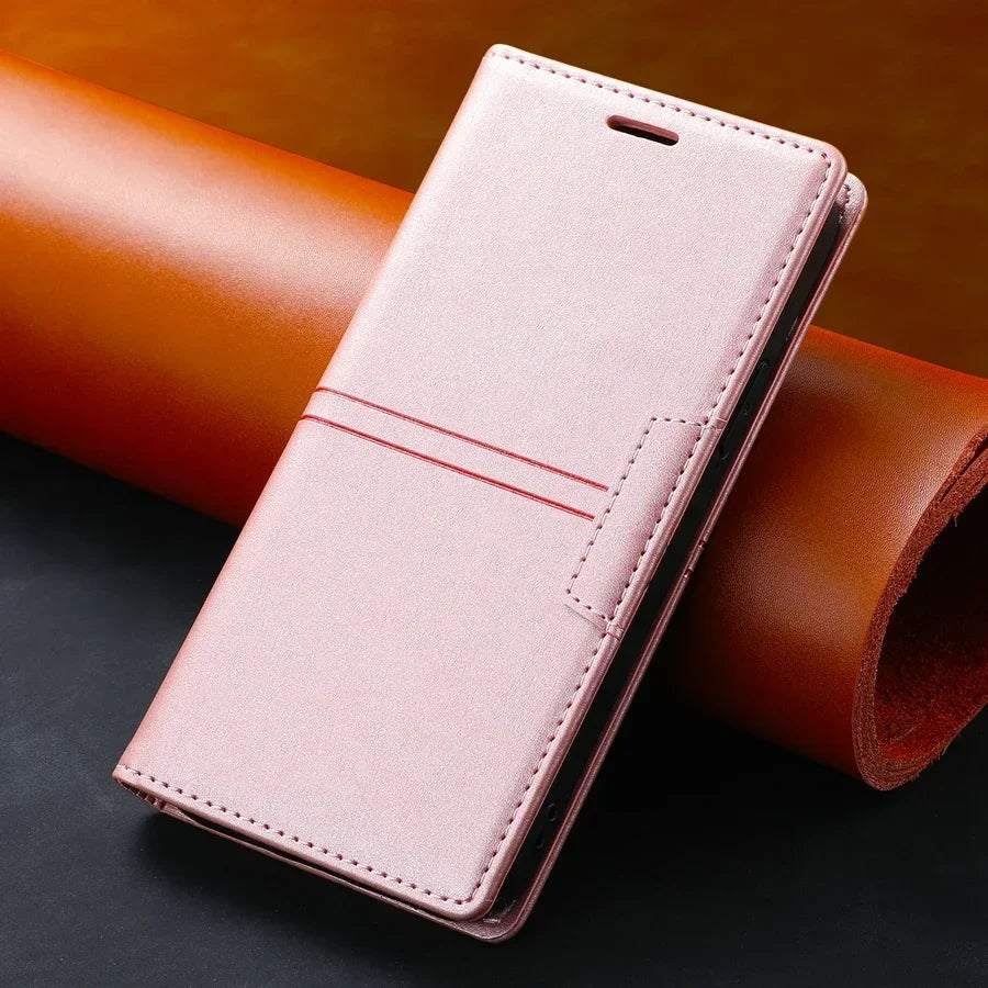 Funda de cuero tipo cartera con cierre magnético y función protectora