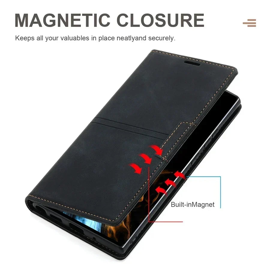 Funda de cuero tipo cartera con cierre magnético y función protectora
