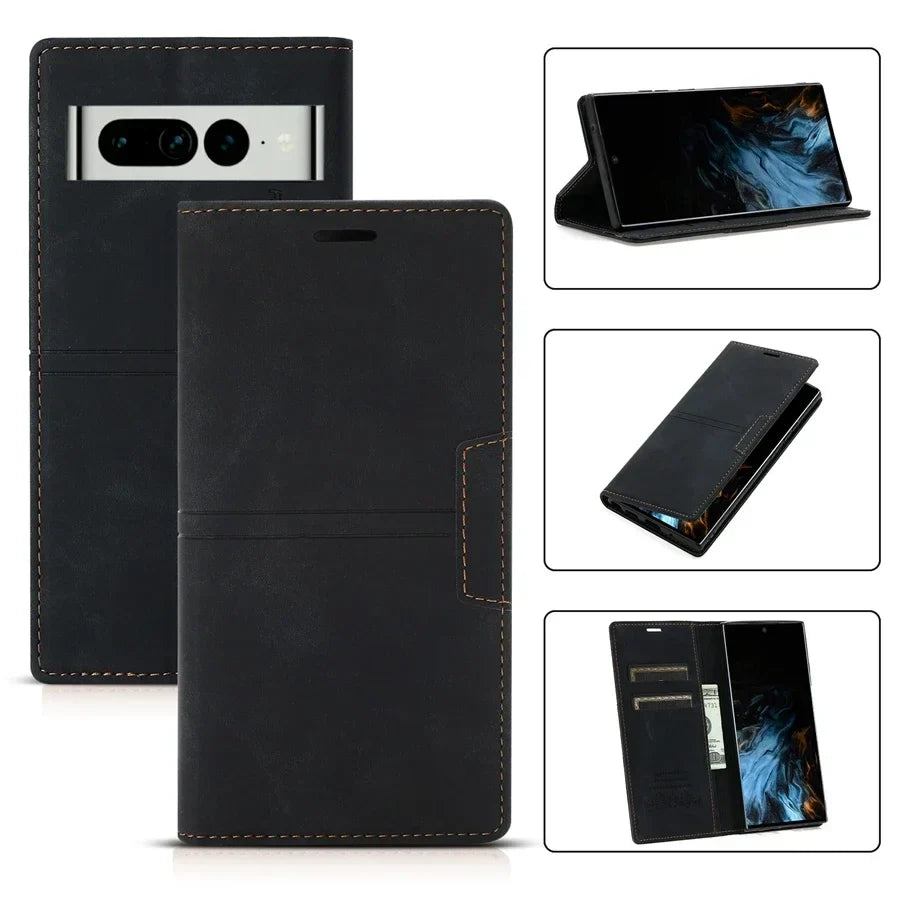 Funda de cuero tipo cartera con cierre magnético y función protectora