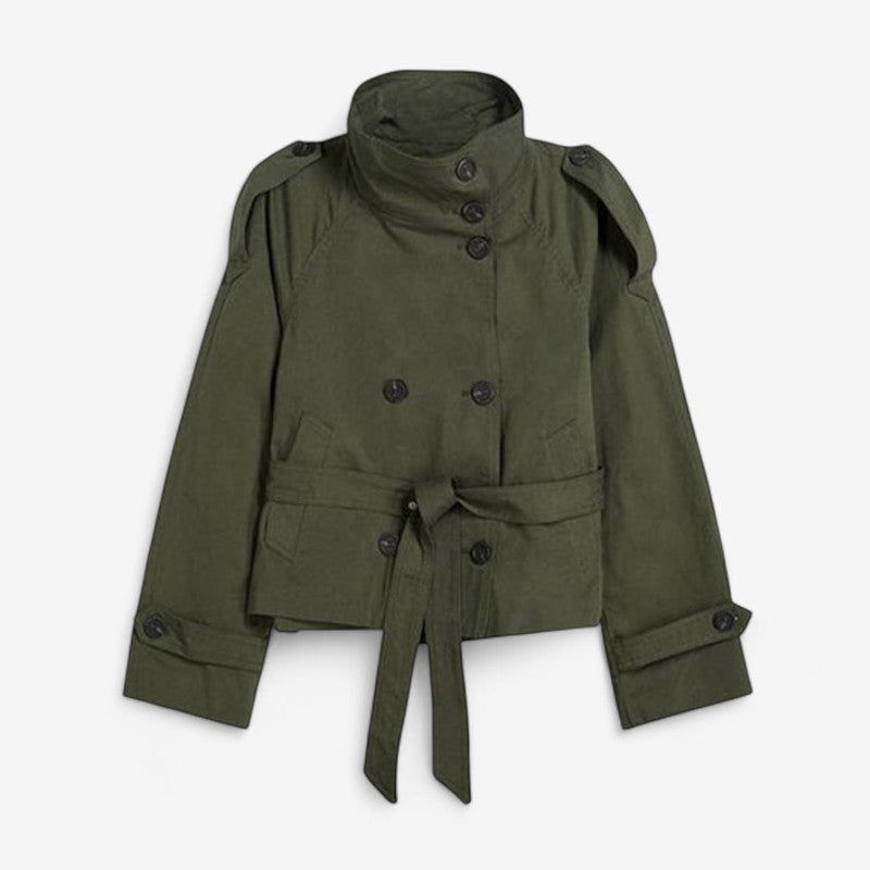 Gabardina corta cruzada con cuello alto para mujer