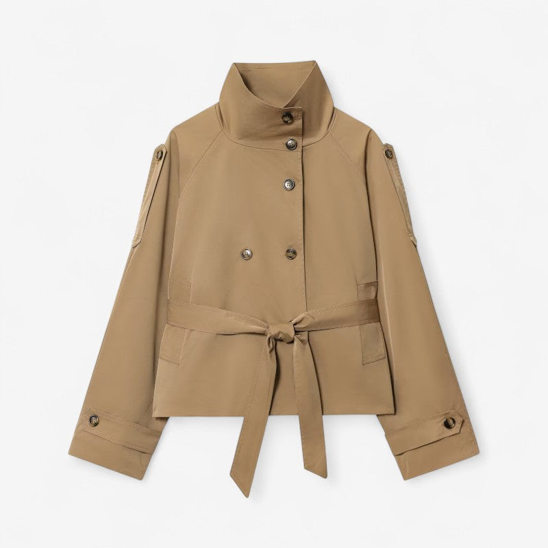 Gabardina corta cruzada con cuello alto para mujer