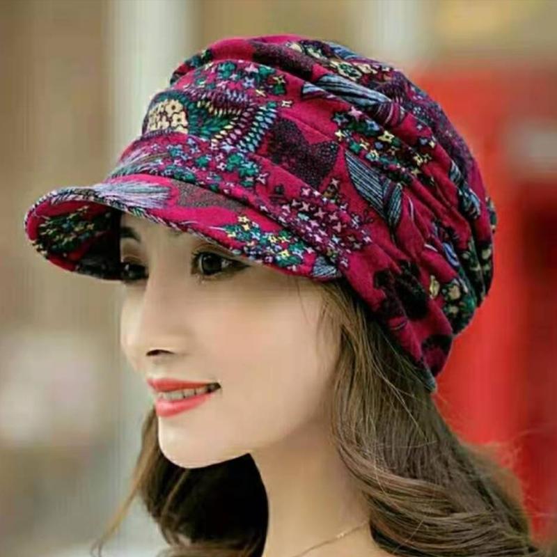 Gorra plisada con estampado floral y visera corta para mujer - Cálida y elegante