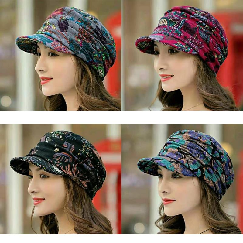 Gorra plisada con estampado floral y visera corta para mujer - Cálida y elegante