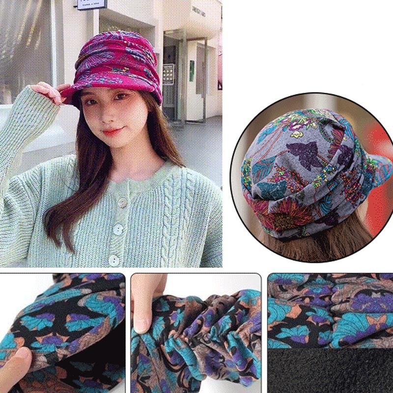 Gorra plisada con estampado floral y visera corta para mujer - Cálida y elegante
