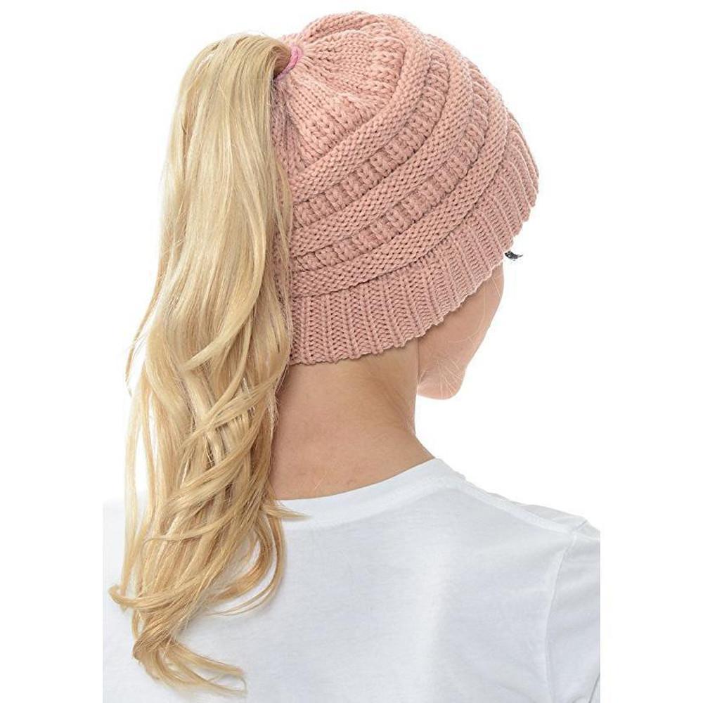 Gorro de punto de invierno para mujer con orificio para coleta – suave y casual