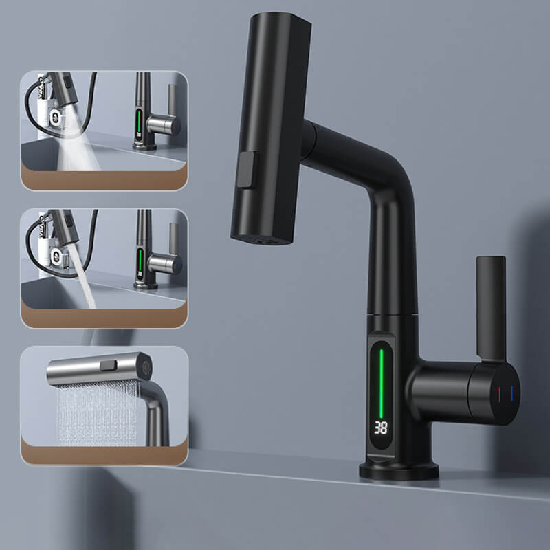 Grifo flexible con LED para cocina y baño: giro de 360°, manguera extraíble y 5 modos de pulverización