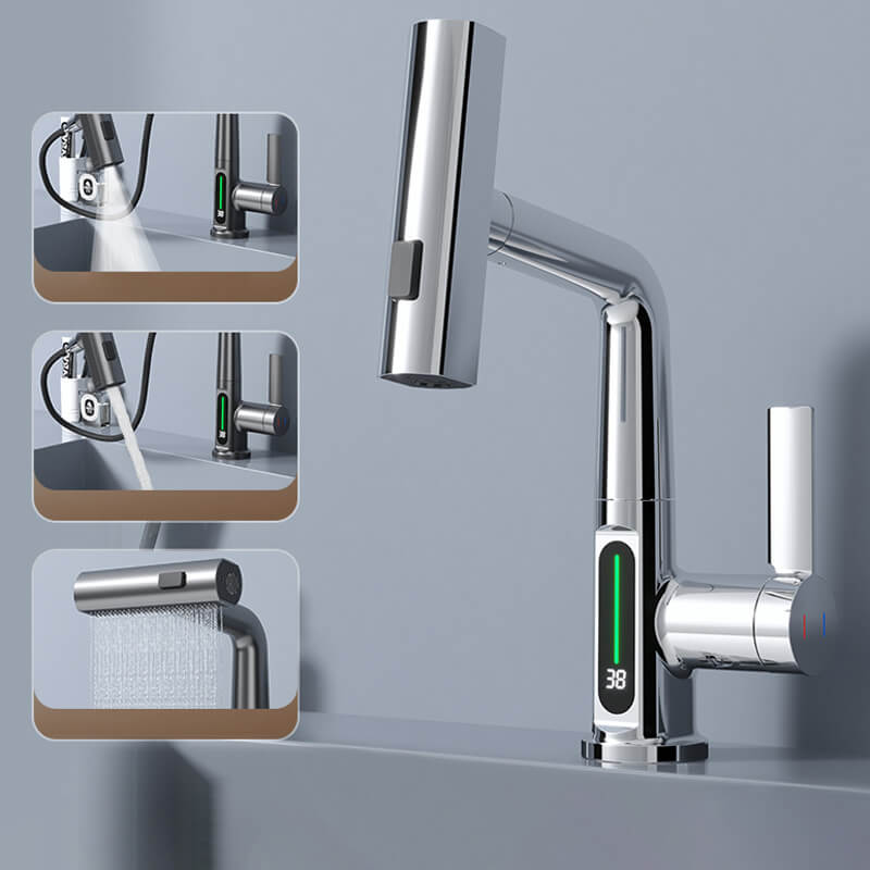 Grifo flexible con LED para cocina y baño: giro de 360°, manguera extraíble y 5 modos de pulverización