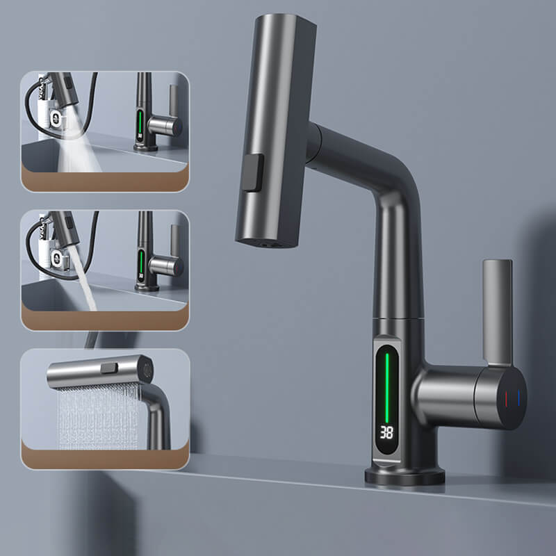 Grifo flexible con LED para cocina y baño: giro de 360°, manguera extraíble y 5 modos de pulverización