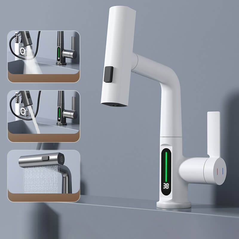 Grifo flexible con LED para cocina y baño: giro de 360°, manguera extraíble y 5 modos de pulverización