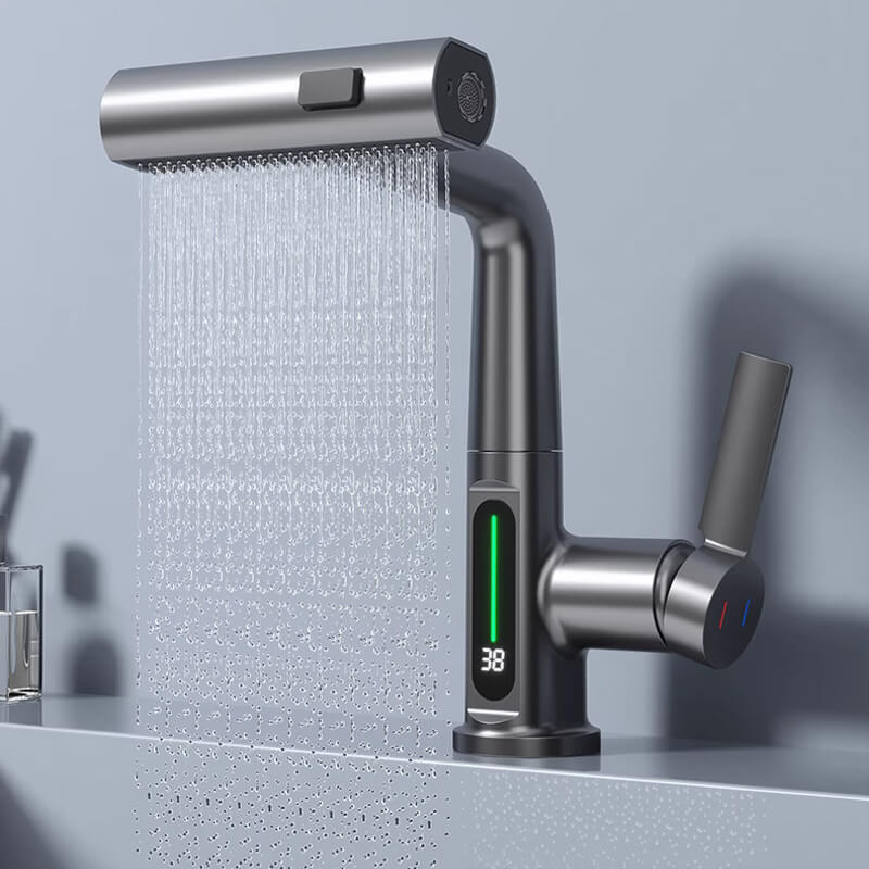 Grifo flexible con LED para cocina y baño: giro de 360°, manguera extraíble y 5 modos de pulverización