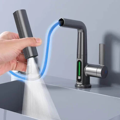 Grifo flexible con LED para cocina y baño: giro de 360°, manguera extraíble y 5 modos de pulverización