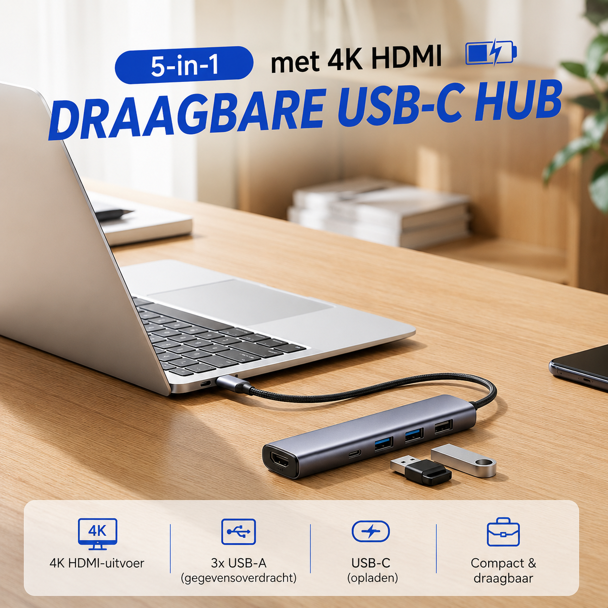 Hub USB-C portátil 5 en 1 con HDMI 4K