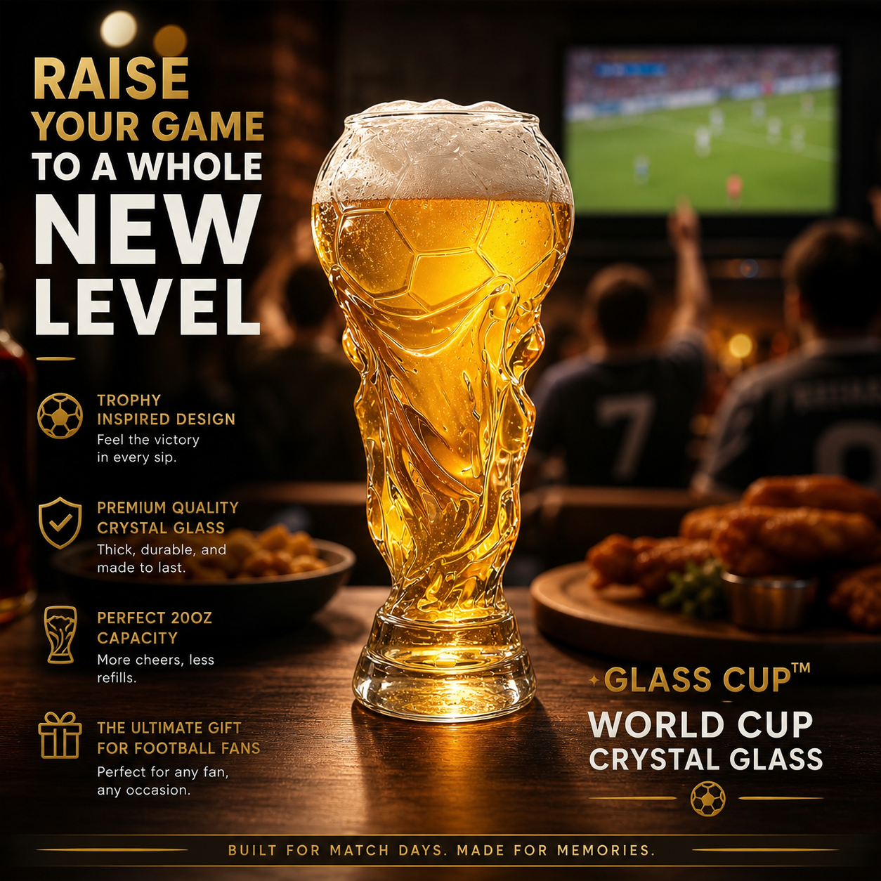 Jarra de vidrio con diseño de Copa del Mundo – Elegante vaso de cristal para bebidas como regalo para aficionados al fútbol