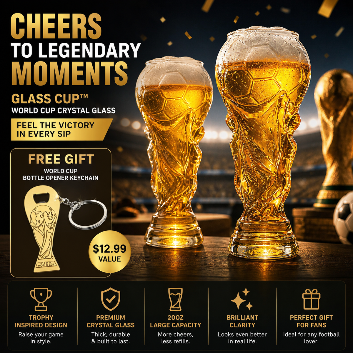 Jarra de vidrio con diseño de Copa del Mundo – Elegante vaso de cristal para bebidas como regalo para aficionados al fútbol