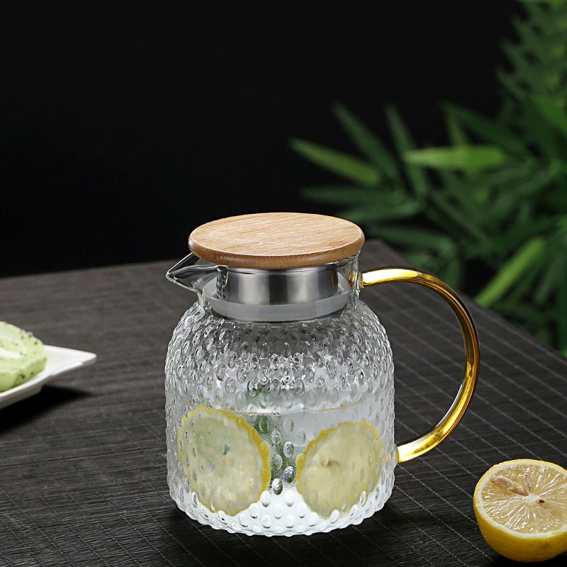 Jarra de vidrio texturizado resistente al calor con tapa de bambú – Elegante jarra para servir bebidas frías y calientes