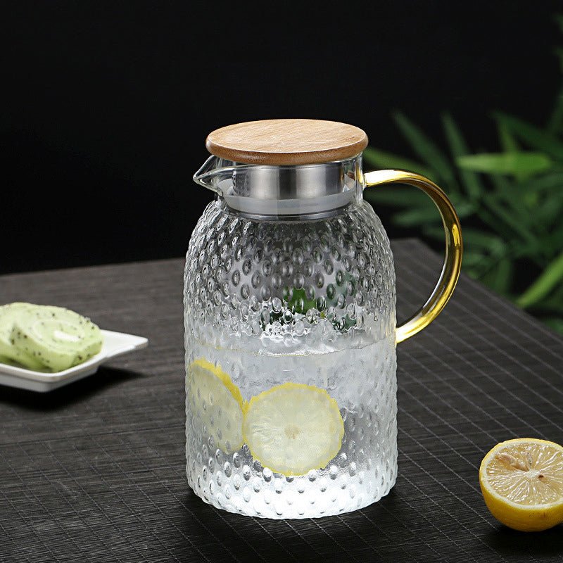 Jarra de vidrio texturizado resistente al calor con tapa de bambú – Elegante jarra para servir bebidas frías y calientes