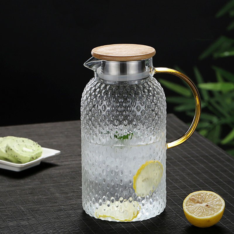 Jarra de vidrio texturizado resistente al calor con tapa de bambú – Elegante jarra para servir bebidas frías y calientes