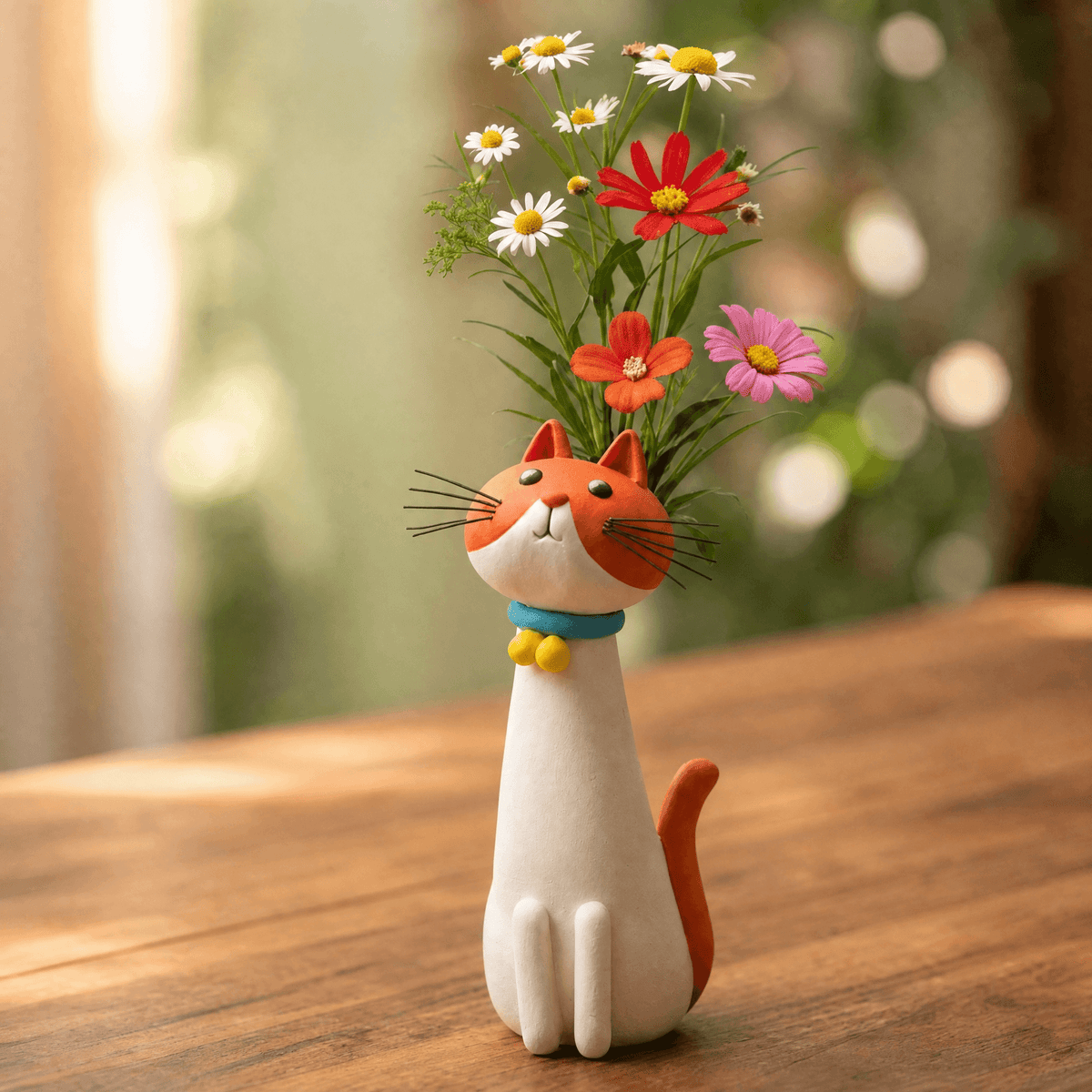 Jarrón para flores de cerámica hecho a mano con forma de gato