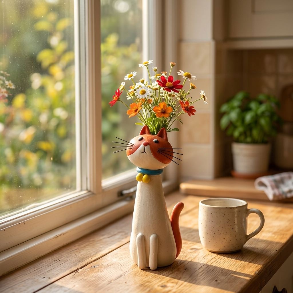 Jarrón para flores de cerámica hecho a mano con forma de gato