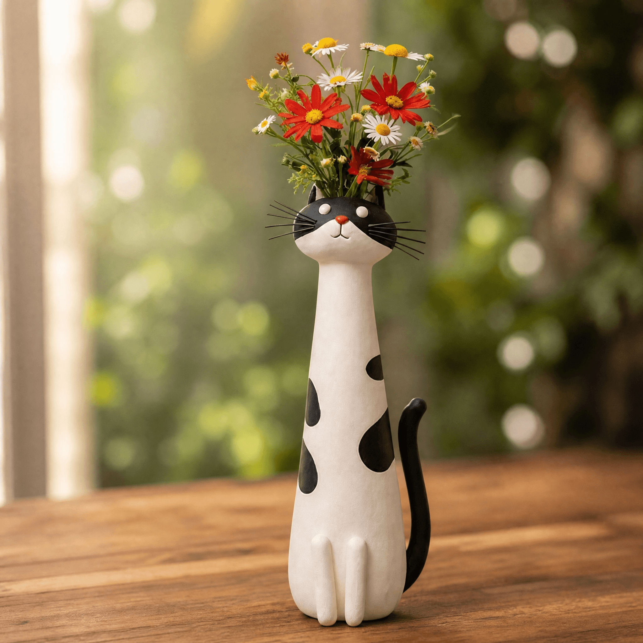 Jarrón para flores de cerámica hecho a mano con forma de gato