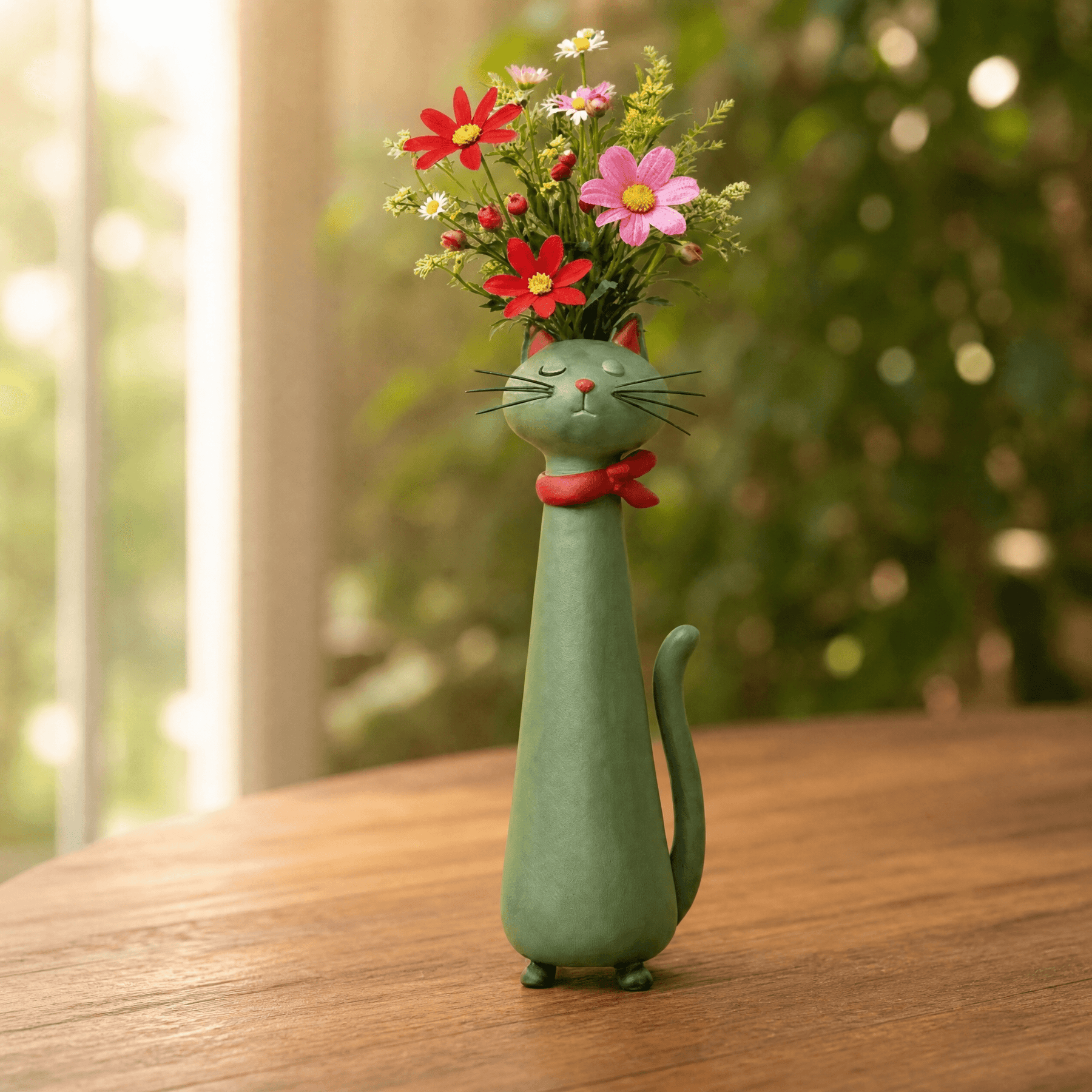 Jarrón para flores de cerámica hecho a mano con forma de gato
