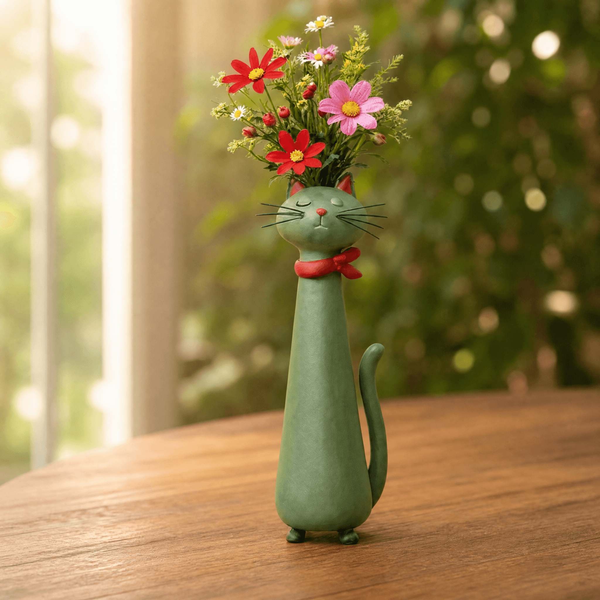 Jarrón para flores de cerámica hecho a mano con forma de gato