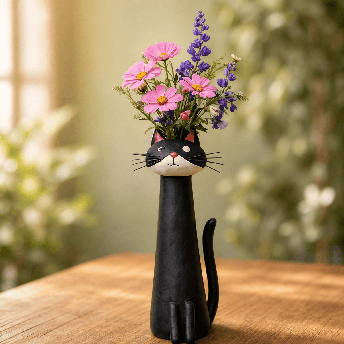 Jarrón para flores de cerámica hecho a mano con forma de gato
